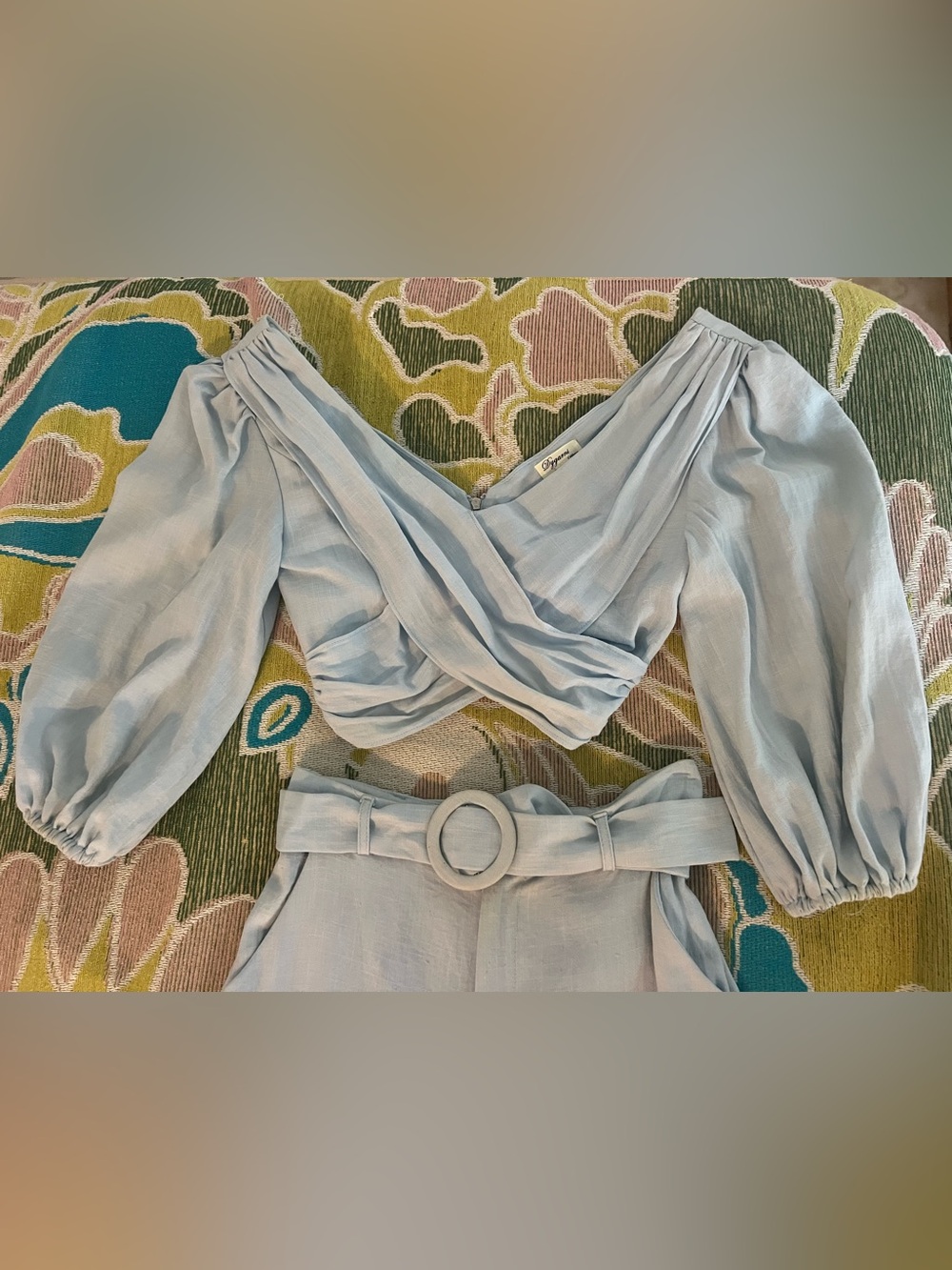 Light Blue Two-Piece Set with Draped Crop Top and Belted Waist